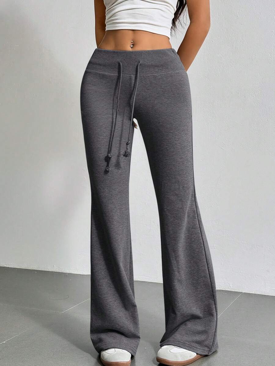 SHEIN EZwear Drawstring Waist Flare Leg Sweatpants - Dark Grey - View 1
