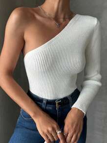 SHEIN PETITE One Shoulder Ribbed Knit Sweater - White - View 1