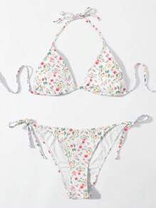 Swim Mod Women's Summer Beach Ditsy Floral Halter Neck Tie Bikini Set (Random Print) - Multicolor - View 5