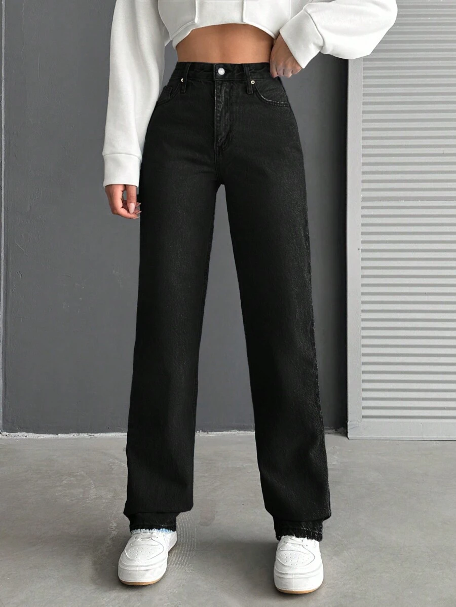 EURMUSE Quần Jeans Ống Đứng Màu Đen Rộng Rãi Thường Ngày Có Túi Cho Nữ - màu đen - Xem 1