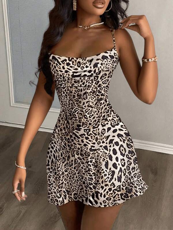 Slaydiva Rochie de soare de damă, elegantă, pentru petrecere pe plajă, cu gât drapat, imprimeu leopard, tricot