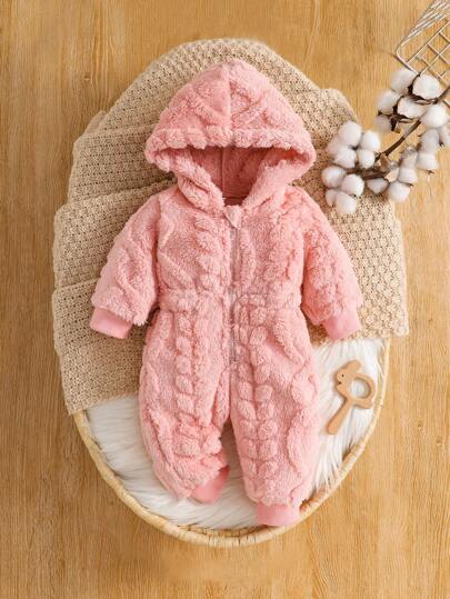 女婴提花毛绒连帽连体衣，秋冬款