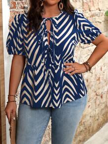Flirla Plus Size Sawtooth Pattern Printed Lace-Up Neck Ruffle Hem Short Sleeve Shirt - Navy Blue - View 1