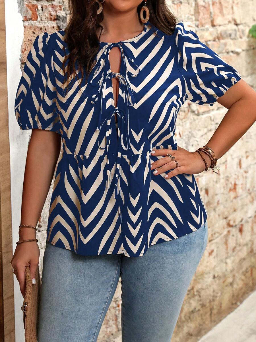 Flirla Plus Size Sawtooth Pattern Printed Lace-Up Neck Ruffle Hem Short Sleeve Shirt - Navy Blue - View 1