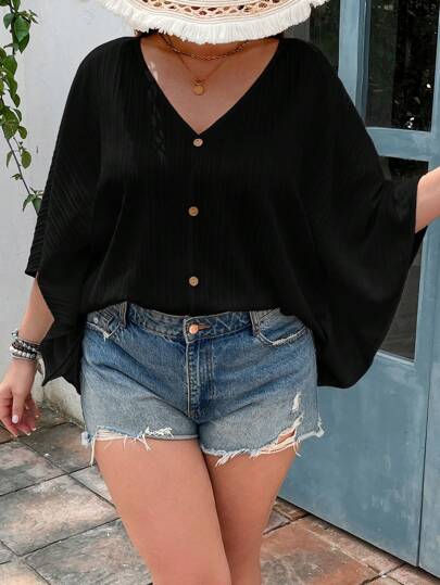 SHEIN VCAY Camisa V-Neck Textura de Férias Manga Morcego Plus Size