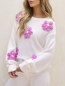 Acelitt Áo len dài tay cổ tròn màu trơn, dễ thương và thanh lịch với họa tiết hoa, thích hợp cho ngày Valentine hoặc đi nghỉ mát. - trắng - Xem 3