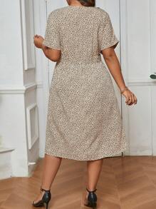 SHEIN Frenchy Plus Size Leopard Print Batwing Sleeve V-Neck Cinched Waist Country Midi Dress - Multicolor - View 2