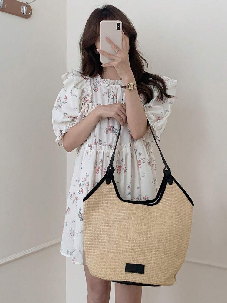 Large Capacity Woven Straw Shoulder Bag, Perfect For Vacation And Leisure Activities