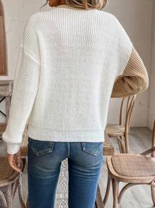 SHEIN LUNE Casual Color Block Patchwork Slant Placket Cardigan, Autumn/Winter