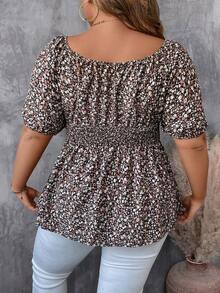 SHEIN CURVE+ Blusa corta de manga globo estampada con flores, adecuada para las vacaciones de verano y otoño, con estilo lindo - Multicolor - Ver 2