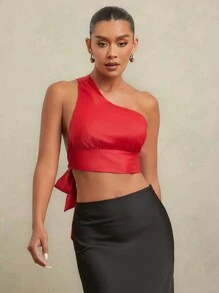 Hauture Asymmetric Strap Back Bow Tie Crop Blouse - Red - View 4