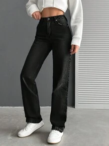 EURMUSE Quần Jeans Ống Đứng Màu Đen Rộng Rãi Thường Ngày Có Túi Cho Nữ - màu đen - Xem 5