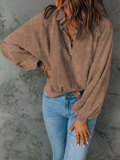 Sudadera holgada de mujer de unicolor con cuello polo, manga raglán y manga farol, informal, para otoño/invierno, tops de manga larga para primavera