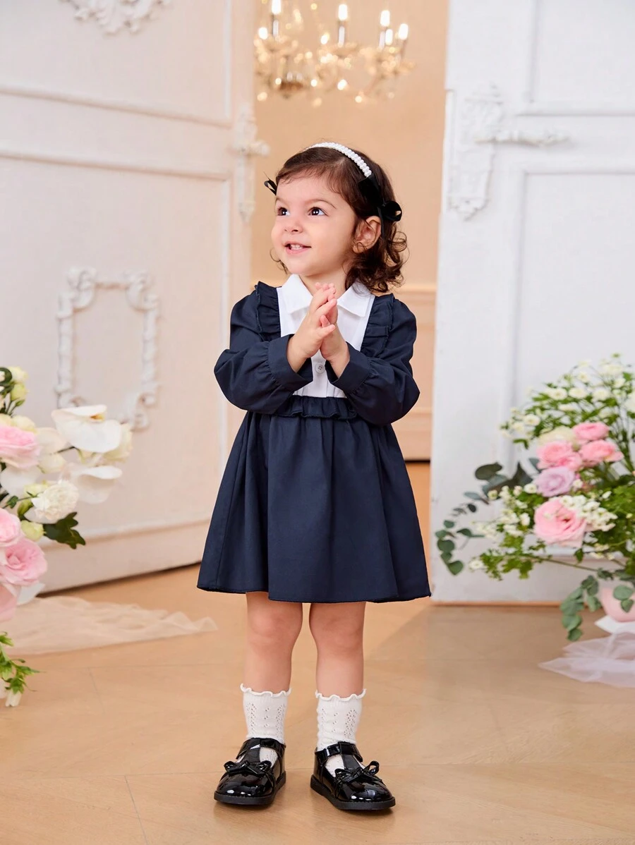SHEIN Baby Girls' Elegant Vintage Black & White Patchwork Dress, Autumn/Winter - Navy Blue - View 1