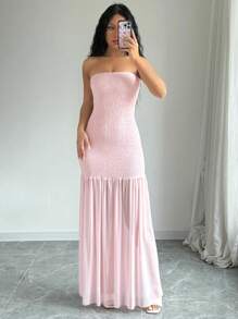 Elenzga Ladies' Elegant Summer Plain Shirred Chest Pink Mesh Long Dress - Pink - View 4