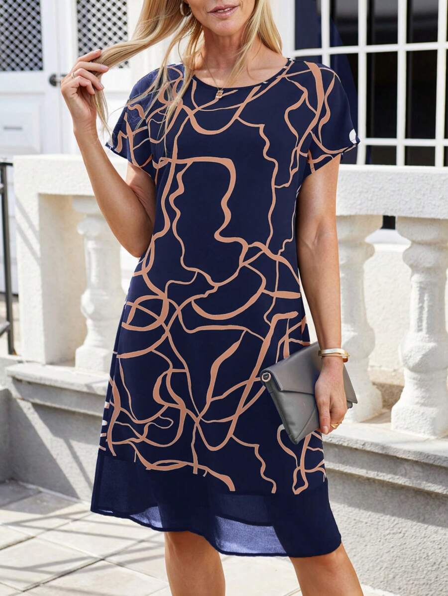 EMERY ROSE Women's Round Neck Short-Sleeve Dress With Random Striped Print - Navy Blue - View 1