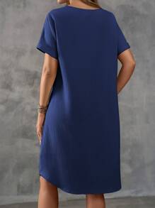 EMERY ROSE 女款圓領短袖寬鬆純色擺擺慵懶日常裝，簡約風格 - 藏蓝色 - 查看 2