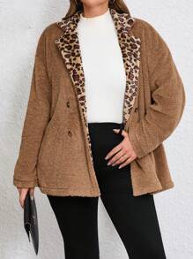 SHEIN Essnce Chaqueta Regular de talla grande de pelo bloqueado con diseño de leopardo y cuello hacia abajo - Caqui - Ver 4