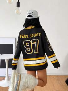 Coolane Women's  Fall/Winter Casual  Ricing Sportswear Number Graphics  Black Over Size  Long Sleeve  Jersey T Shirt