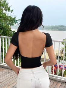 SHEIN EZwear 2pcs/Set Black Open Blue Round Neck Short Sleeve Tight Crop Top T-Shirt, Suitable For Summer - Royal Blue - View 3
