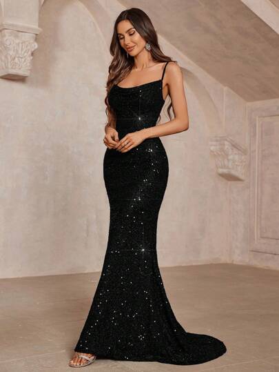 Aureia 闪亮 V 领及地女式晚礼服（重型）黑色优雅正式舞会婚礼宾客礼服，适合毕业典礼、晚宴派对礼服