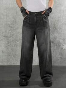 Manfinity Denimwave Jeans holgados de pierna ancha de color gris oscuro, jeans cargo negros lavados llanos largos para regalos de esposo o novio