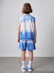 SHEIN Tween Boy Knitted Tie-Dye Tie Dye Top With Drawstring, Pocketed Shorts 2pcs Set - Blue and White - View 2