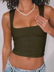 Ladies' Plain Double-Layer Pleated Square Collar Versatile Tank Top, Spring And Summer - Army Green - View 6