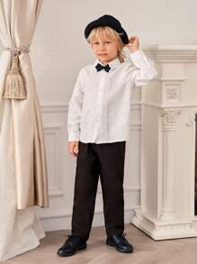 SHEIN 2 piezas Conjunto de caballero para niño pequeño: camisa + pantalones de unicolor, adecuado para deportes, regreso a la escuela, fiesta de cumpleaños, Navidad, Halloween, boda, baby shower en otoño e invierno - Blanco y Negro - Ver 3