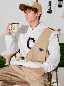 SHEIN 2pcs Teen Boys' Casual Khaki Vest With Multi-Pockets And White Hooded Printed Sweatshirt With Thermal Lined , Plus Khaki Jogger Cargo Pants. Suitable For Fall, Winter, Sports, Camping, Hiking, Daily Wear - Multicolor - View 4