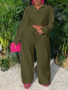 Slaydiva Setelan Wanita 2 Potong Atasan Crop Lengan Panjang Putih Longgar Kasual dan Celana Longgar -Z - Hijau Tentara - View 7