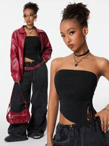 SHEIN EZwear Women's Black Strapless Split Slim Fit Crop Tube Top - Black - View 9