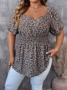 SHEIN CURVE+ Blusa corta de manga globo estampada con flores, adecuada para las vacaciones de verano y otoño, con estilo lindo - Multicolor - Ver 6