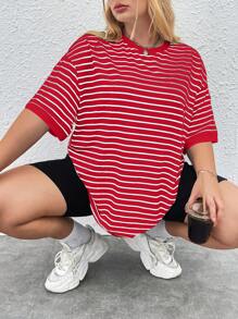 SHEIN EZwear Valentine's Day,Plus Size Women's Summer Loose Striped & Printed Round Neck Drop Shoulder Short Sleeve Casual T-Shirt