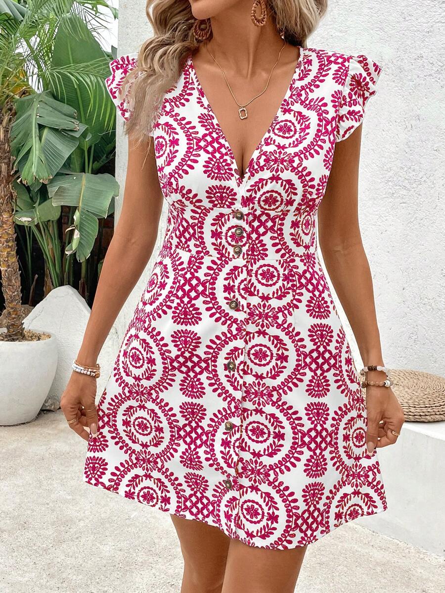 SHEIN Frenchy Váy midi sọc cổ chữ V có nút phía trước - Màu Hồng Tươi - Xem 1