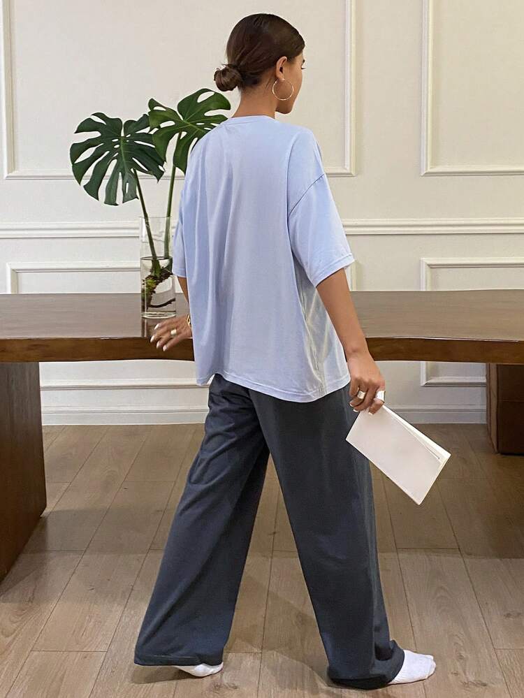 Simple Printed Loose Fit T-Shirt And Loose Sleepwear Pajamas Set For Home