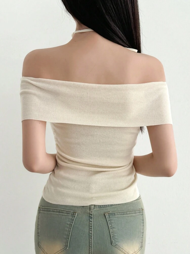 Solid Color Slim-Fit Knitted Top With Off Shoulder And Floral Tie For Women