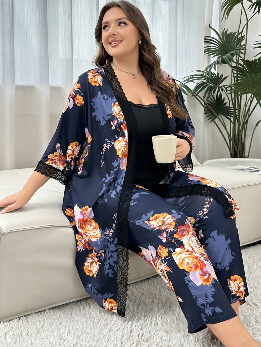 Plus 3pcs Lace Trimmed Cami Top, Long Pants And Robe Set, Fall Clothes - Multicolor - View 1