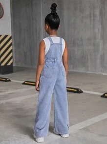 SHEIN Tween 女童 Y2K 时尚休闲石洗磨边星星图案牛仔工装裤（不含背心），Tween 女童返校服装