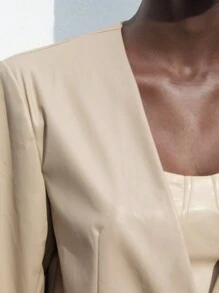 Maija 女士 PU 皮革长袖口袋优雅通勤时尚精致西装外套 - 卡其色 - 查看 9