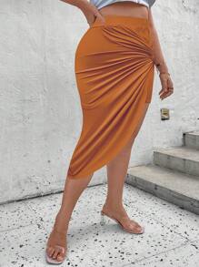 SHEIN Clasi Plus Size Women's Solid Color Simple Daily Wear Skirt - Yellow - View 4