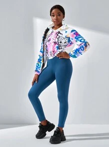 SHEIN Explorewe 少女2入組街頭風格休閒塗鴉字母貓咪印花帽衫外套和緊身褲 - 彩色 - 查看 6