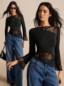 Poéselle Women Clothes, Women's Black Shirts, Women's Fall Clothes Summer Slim Fit Asymmetric Lace Long Sleeve T-Shirt With Hem Splicing And Flutter Design, Halloween Costume Top, All Season Essential, Comfy High Strech Fabric FW24 BOHO