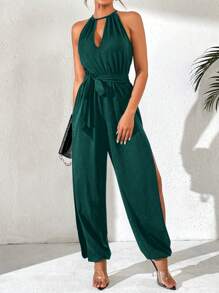 RosyDaze Women's Sleeveless Keyhole Neckline Spring/Summer Jumpsuit With Deep V-Neck, Elastic Waist, Neck Tie And Side Slit, 9/10 Length