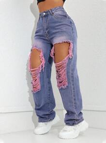 Mid-Rise Casual Basic Blue Breathable Women's Jeans, Spring/Summer Pink - Pink - View 6