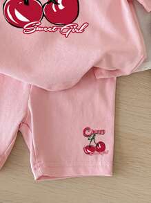SHEIN Leap Crew ModeFlare 女婴休闲简约樱桃印花圆领短袖短裤套装，适合夏季穿着，含95%棉，圣诞节礼物 - 粉色 - 查看 4