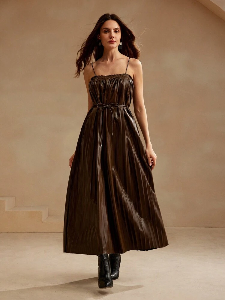 Coffee-Color Slimming Pleated Leather Strap Adjustable Cami Dress For Women
