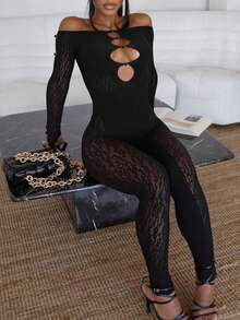 Bộ áo liền quần khoét rỗng gợi cảm cho nữ, dài tay - màu đen - Xem 1