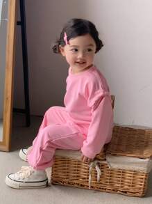 SHEIN Fashionable Baby Girls' Loose-Fitting Sports & Casual Wear, Simple And Clean Style, Long Sleeve Top And Pants Set - Pink - View 5