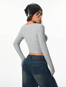 SHEIN EZwear Camisa Henley de manga larga y ajuste slim de un solo color para mujer de primavera/verano - Gris - Ver 2